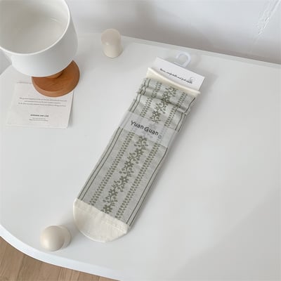 小眾文藝復古碎花中筒襪 薄款透氣卷邊花藤堆堆襪   n1159