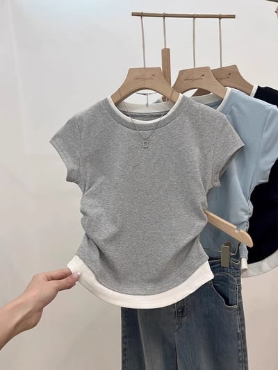 圓領假兩件短袖抽褶收腰T恤 7433