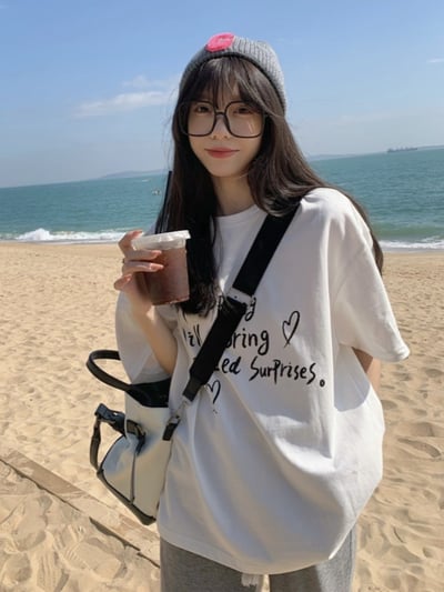 印花短袖T恤 寬鬆顯瘦減齡白色上衣 7043