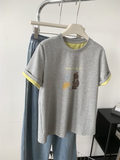 韓系復古小熊印花短袖T恤 女寬鬆圓領百搭 夏季新款 打底上衣 休閒 時尚 可愛 潮流 百搭 n600123