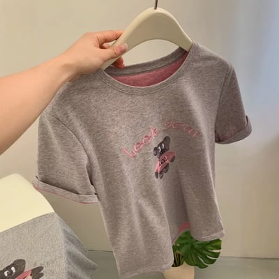 春夏刺繡粉衣熊 撞色內裏 短袖T恤 韓系日系 純棉透氣 寬鬆顯瘦 正韓感 萌系插畫 ins百搭 n600104