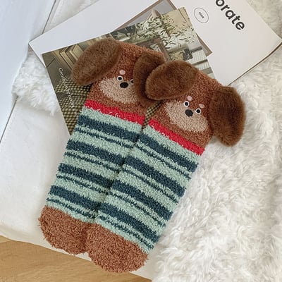 (厚襪) 可愛臘腸狗 毛茸茸加厚睡眠襪 居家地板襪 n1106