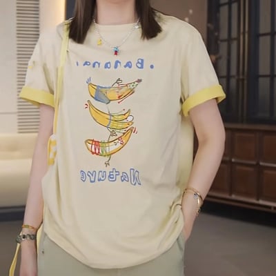 春夏可愛香蕉插畫 撞色滾邊 短袖T恤 韓系日系 純棉透氣 寬鬆顯瘦 韓感 食物系上衣 n600113