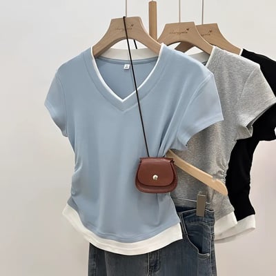 v領假兩件短袖抽褶收腰T恤 7441