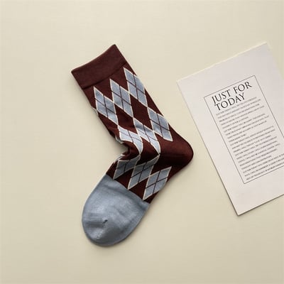 日系復古撞色菱形中筒襪   714