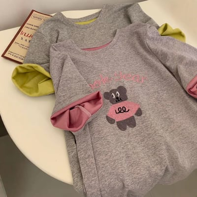 春夏刺繡粉衣熊 撞色內裏 短袖T恤 韓系日系 純棉透氣 寬鬆顯瘦 正韓感 萌系插畫 ins百搭 n600101