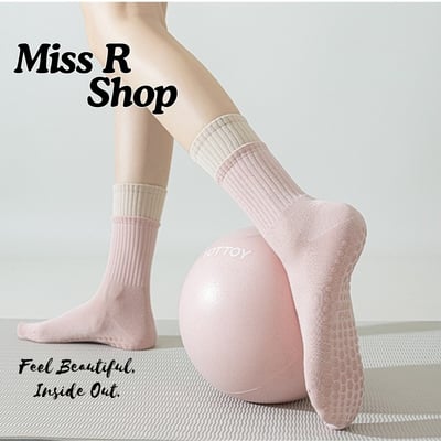 秋冬季吸汗運動襪 女士瑜伽點膠防滑 拼色長襪   n1071