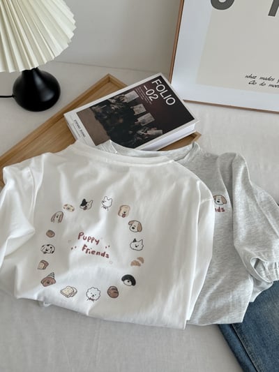 夏季日系小狗印花短袖T恤 純棉寬鬆圓領百搭 前後圖案 可愛 休閒 時尚 潮流 女上衣 n600037