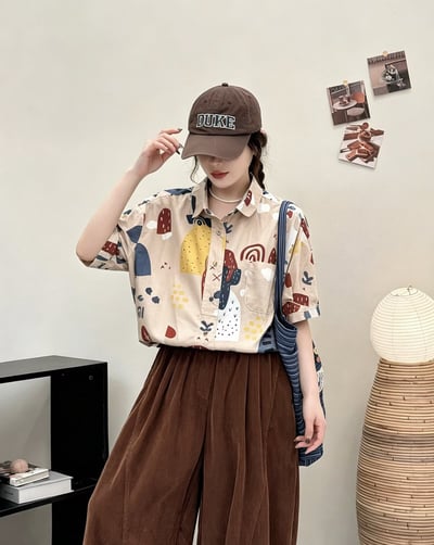 女裝日系短袖襯衫 印花襯衣 寬鬆顯瘦 棉質輕薄 夏季百搭文藝通勤上衣 n600736