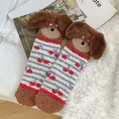 (厚襪) 可愛臘腸狗 毛茸茸加厚睡眠襪 居家地板襪 n1107