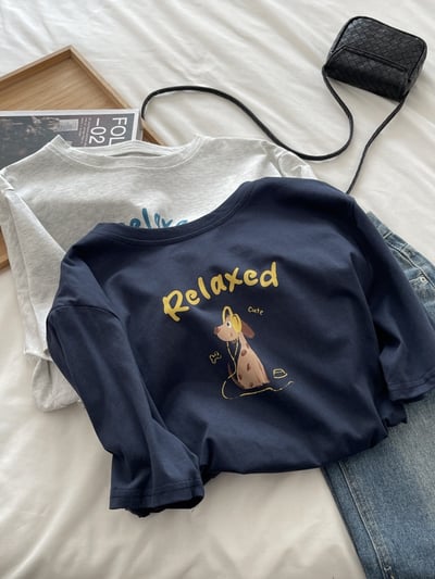 韓版純棉卡通長袖T恤 女圓領休閒上衣  百搭 舒適 可愛 日系 韓系 潮流 n600054