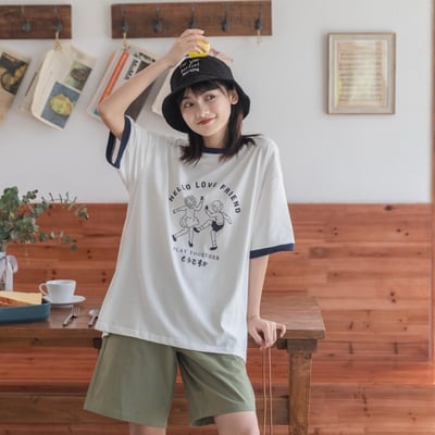 撞色印花 純棉短袖T恤 日系學院風寬鬆休閒上衣  7403
