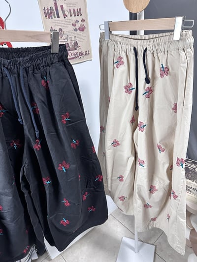 文藝風刺繡高腰闊腿褲 女 春夏新款 復古休閒褲 寬鬆顯瘦 落地褲 ins風 外貿長褲 垂墜感 氣質 百搭 褲子 n600536