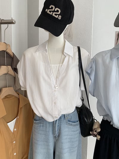 MISSRSHOP 韓系翻領假兩件短袖襯衫 女寬鬆顯瘦拼接上衣 百搭氣質襯衫 韓系休閒短袖上衣 n2650233