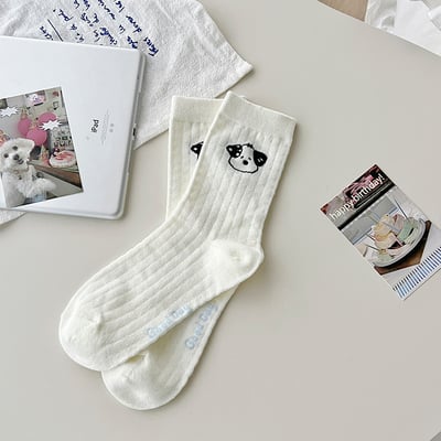 白色小狗網眼襪 夏季薄款中筒ins潮 純棉日系卡通  685