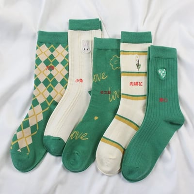 綠色系刺繡 中高筒女襪 ins潮襪運動百搭 245