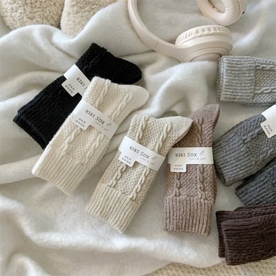 麻花羊毛襪 韓版簡約 純色加厚保暖中筒堆堆襪   n1172