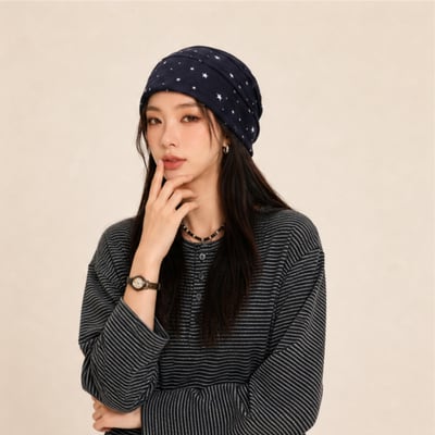 韓系小星星冷帽 復古星星印花堆堆帽7