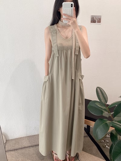 韓版寬鬆工裝背帶長洋裝｜洗水棉大口袋吊帶裙｜日系休閒顯瘦連身裙5