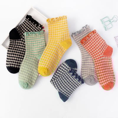 日系 方格子木耳邊 棉襪花邊森系學院風   022