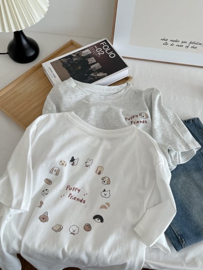夏季日系小狗印花短袖T恤 純棉寬鬆圓領百搭 前後圖案 可愛 休閒 時尚 潮流 女上衣 n600038