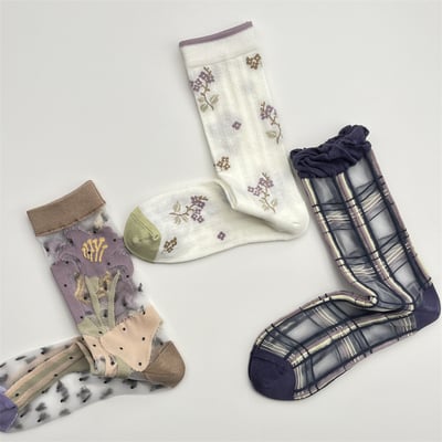 玻璃絲拼接花朵中筒襪 342