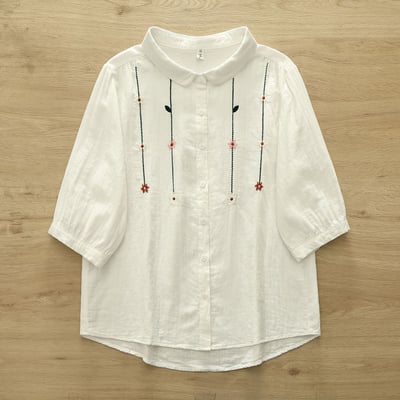 甜美花朵刺繡棉麻襯衫 夏季雙層棉紗圓領開衫 中袖寬鬆上衣 文青森女系 氣質通勤 百搭襯衫 n2650274