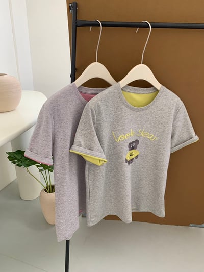 春夏刺繡粉衣熊 撞色內裏 短袖T恤 韓系日系 純棉透氣 寬鬆顯瘦 正韓感 萌系插畫 ins百搭 n600108