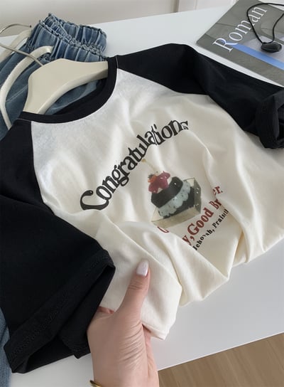 輕薄透氣雪花棉 韓系印花短袖 插肩袖T恤垂感上衣  7374