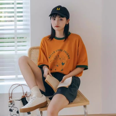 撞色印花 純棉短袖T恤 日系學院風寬鬆休閒上衣  7401