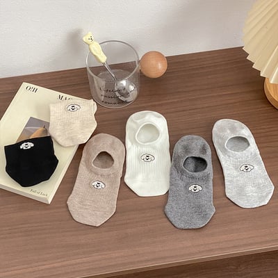 刺繡小狗~簡約黑白基礎款  透氣薄短隱形襪   672