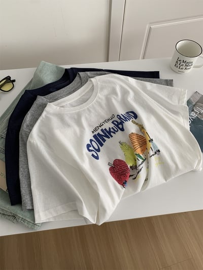 夏日韓系水果印花 慵懶垂感圓領短袖上衣   7361