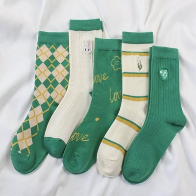 綠色系刺繡 中高筒女襪 ins潮襪運動百搭 241