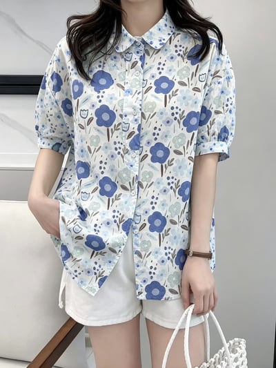 日系清新花卉短袖襯衫 女 寬鬆顯瘦薄款上衣 夏季百搭文青印花襯衣 n600745