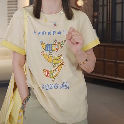 春夏可愛香蕉插畫 撞色滾邊 短袖T恤 韓系日系 純棉透氣 寬鬆顯瘦 韓感 食物系上衣 n600114