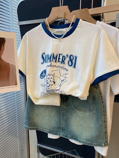 氣質寬鬆拼色印花卡通 純棉短袖T恤  7351