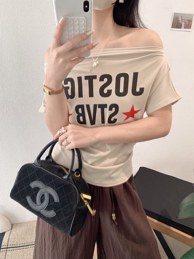 MISSRSHOP 韓系一字領露肩 字母印花 修身顯瘦上衣 百搭露肩上衣 女生短T n2650227