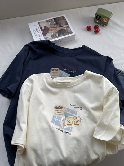 俏皮吃貨系 夏季純棉短袖T恤  女寬鬆顯瘦設計感上衣 百搭休閒 半袖 圓領 時尚 氣質  女裝 n600024