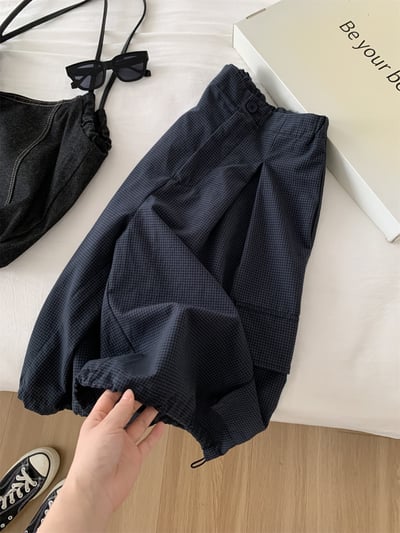 日系風工裝膝上五分褲 寬鬆工裝短褲 百搭顯瘦鬆緊腰 大口袋五分褲8