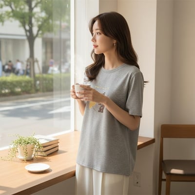 春夏可愛小熊撐傘 撞色內裏 短袖T恤 韓系日系 純棉透氣 寬鬆顯瘦 正韓感 萌系插畫 ins百搭 n600122