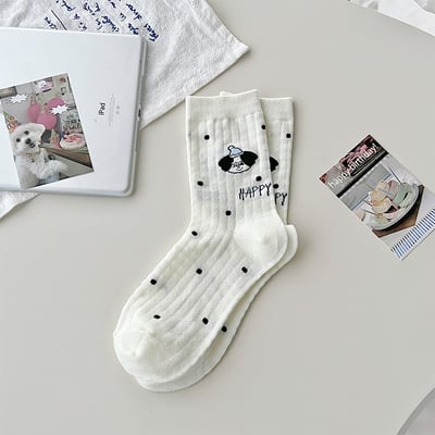 白色小狗網眼襪 夏季薄款中筒ins潮 純棉日系卡通  686