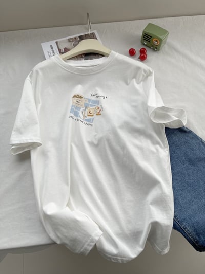 俏皮吃貨系 夏季純棉短袖T恤  女寬鬆顯瘦設計感上衣 百搭休閒 半袖 圓領 時尚 氣質  女裝 n600028