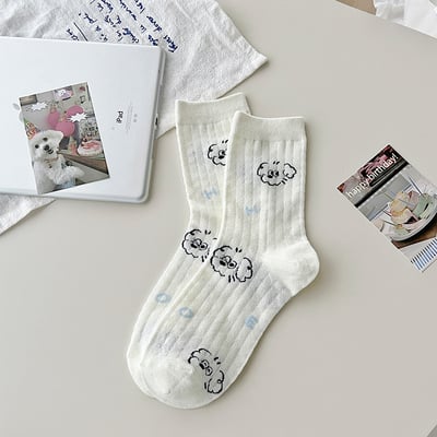 白色小狗網眼襪 夏季薄款中筒ins潮 純棉日系卡通  688
