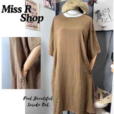 森系大地色連身裙 女 有口袋 復古寬鬆大尺碼 短袖洋裝 顯瘦遮肉 氣質百搭 簡約 休閒 中長裙  裙子 n600521