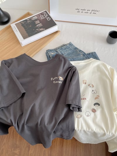 夏季日系小狗印花短袖T恤 純棉寬鬆圓領百搭 前後圖案 可愛 休閒 時尚 潮流 女上衣 n600034