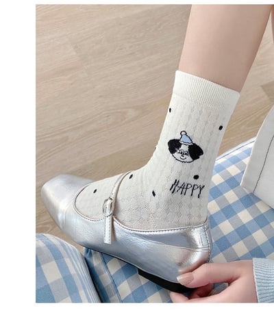 白色小狗網眼襪 夏季薄款中筒ins潮 純棉日系卡通  682