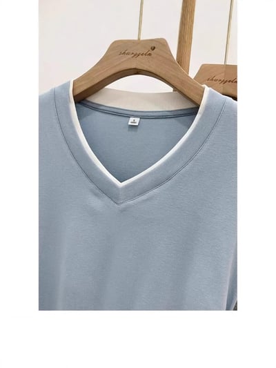 v領假兩件短袖抽褶收腰T恤 7443