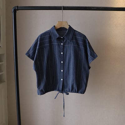 韓版POLO領復古條紋 休閒抽繩短袖襯衫 7022