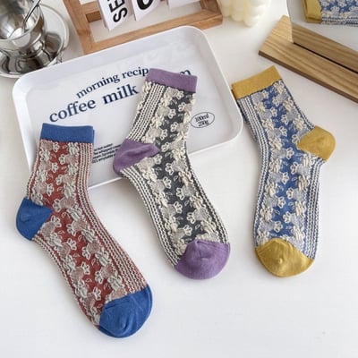 復古風襪子 中筒襪棉襪 立體彩花女襪    813