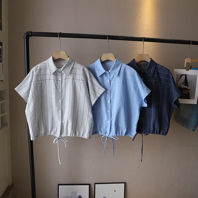 韓版POLO領復古條紋 休閒抽繩短袖襯衫 7021